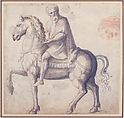 Man on Horseback, Study of a Man's Head (recto); Head of a Young Woman (verso), Attributed to Marcello Fogolino (Italian, Vicenza 1483/88–after 1548 Trent), Pen and brown ink, brush and gray wash (the man on horseback), red chalk (the man's head at upper right) (recto); black chalk on blue-washed paper (verso)